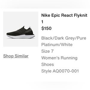 NIKE Epic React Flyknit 1 “Black/Dark Grey/Pure Platinum/White” Women’s 7.